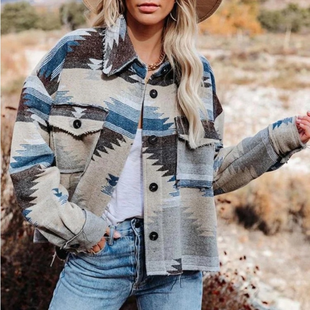 Jacket Western Aztec oversized Shacket Long Sleeve Coat Snap Button Outfit